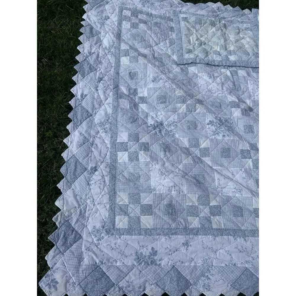 Vintage Laura Ashley Blue White Patchwork Quilt Full Queen 2 Shams 1990s